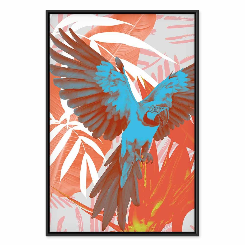Leinwandbild Egzotyczne skrzydła - Papuga wśród abstrakcyjnych wzorów liści 80×120 cm, Standardleinwand
