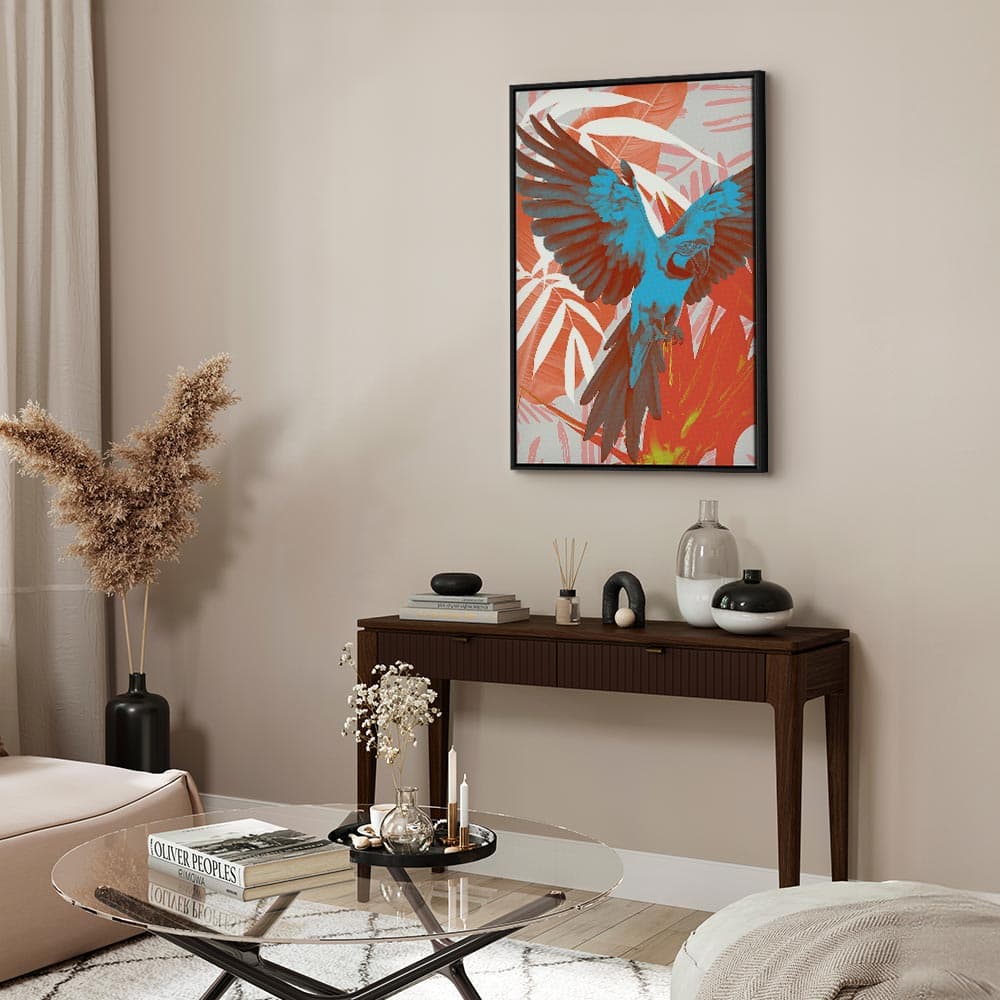 Leinwandbild Egzotyczne skrzydła - Papuga wśród abstrakcyjnych wzorów liści 80×120 cm, Standardleinwand
