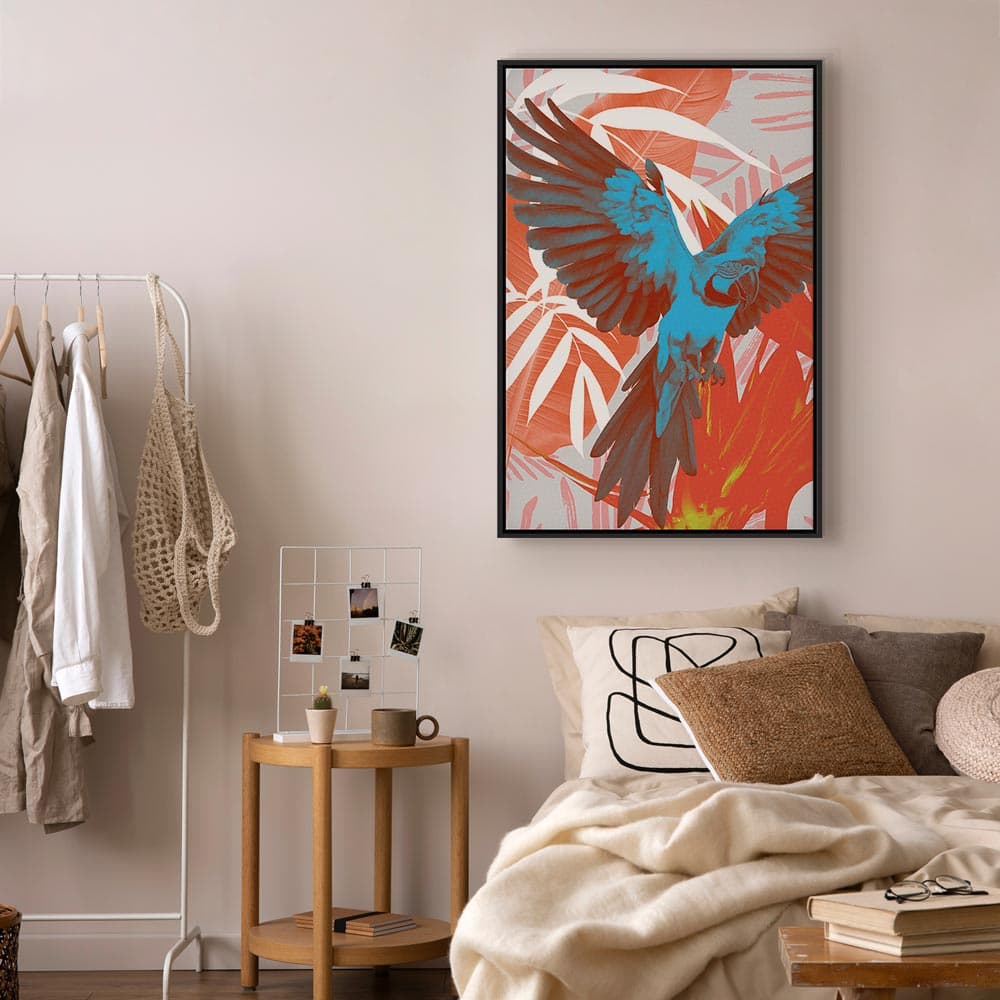 Leinwandbild Egzotyczne skrzydła - Papuga wśród abstrakcyjnych wzorów liści 80×120 cm, Standardleinwand
