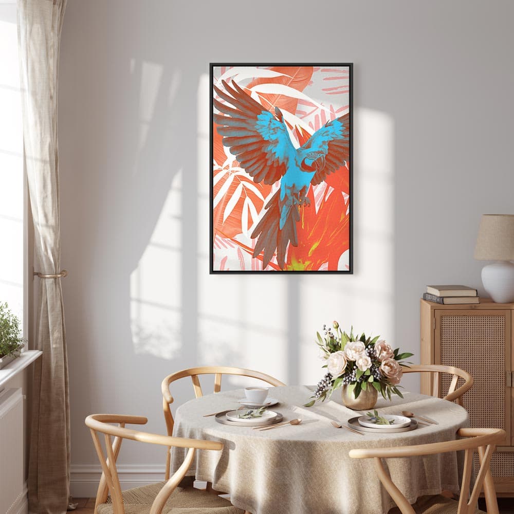 Leinwandbild Egzotyczne skrzydła - Papuga wśród abstrakcyjnych wzorów liści 80×120 cm, Standardleinwand