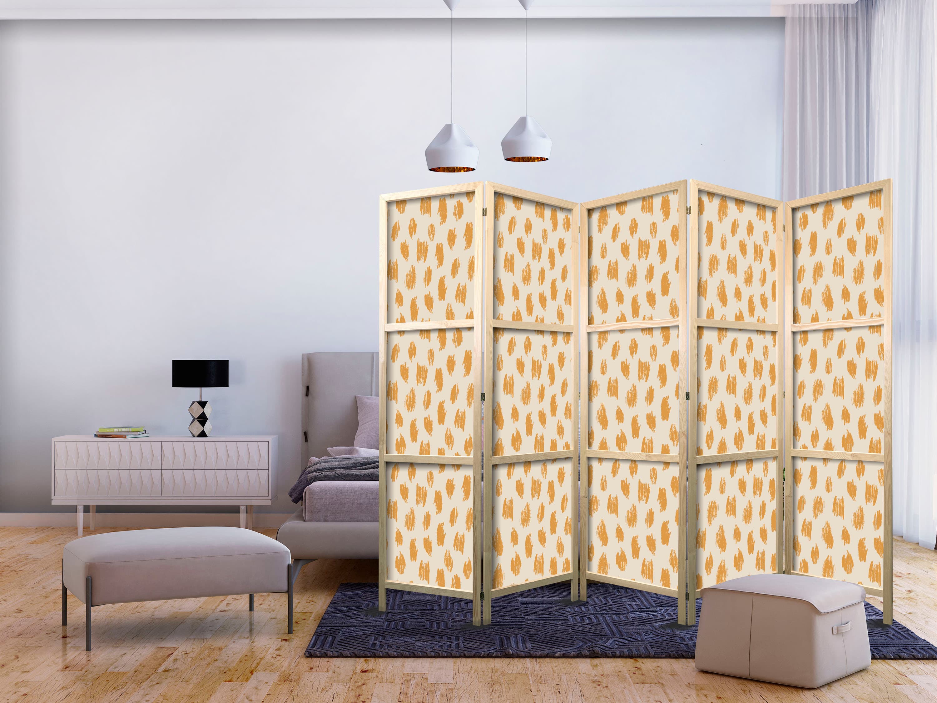 Japanischer Paravent Rysowany wzór w cętki i kropki - w odcieniach pomarańczowych i ecru 225×172 cm, japanisch