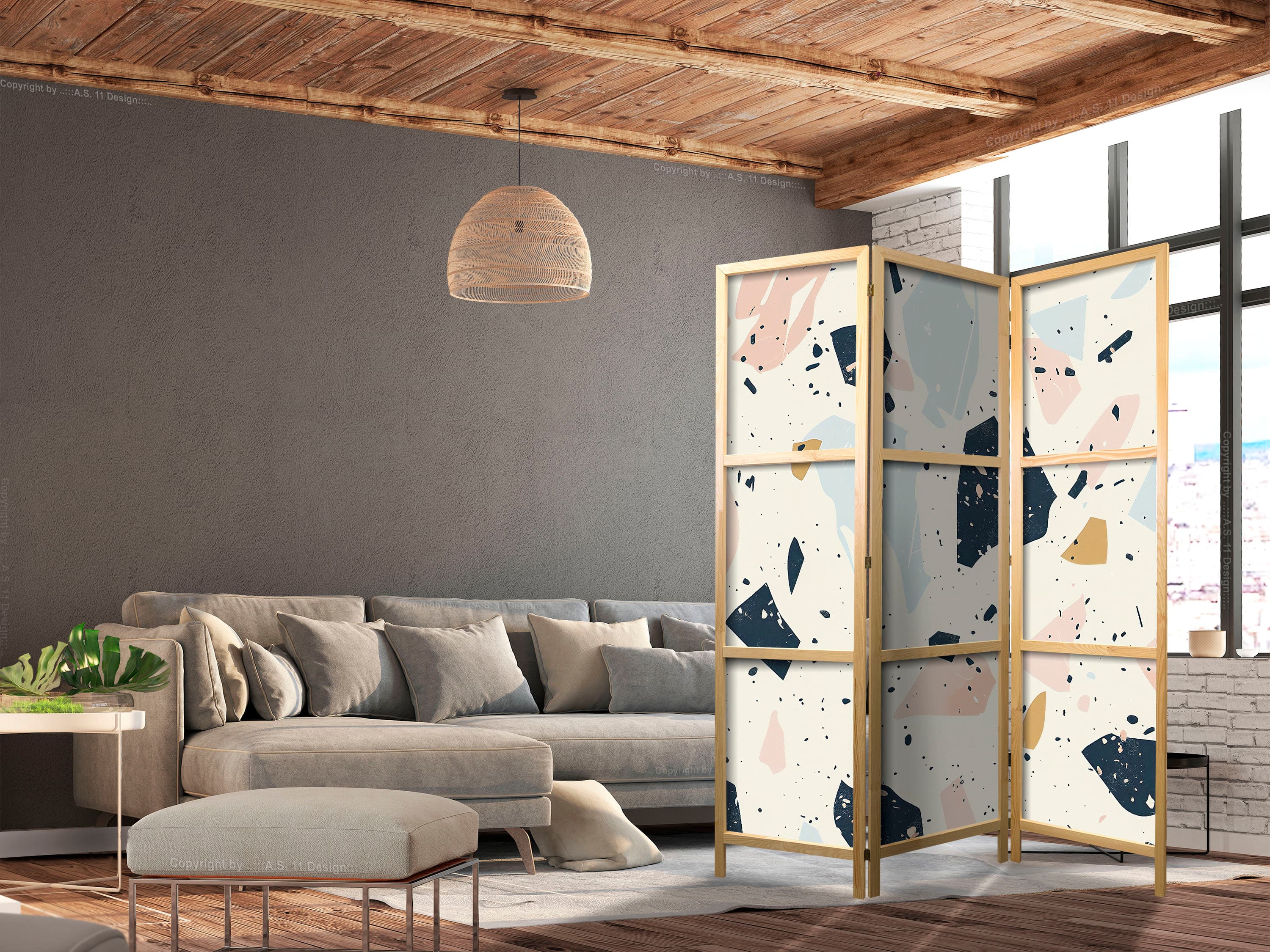 Japanischer Paravent Lastriko z dużymi - przeskalowanymi kamieniami w stonowanych kolorach 135×172 cm, japanisch