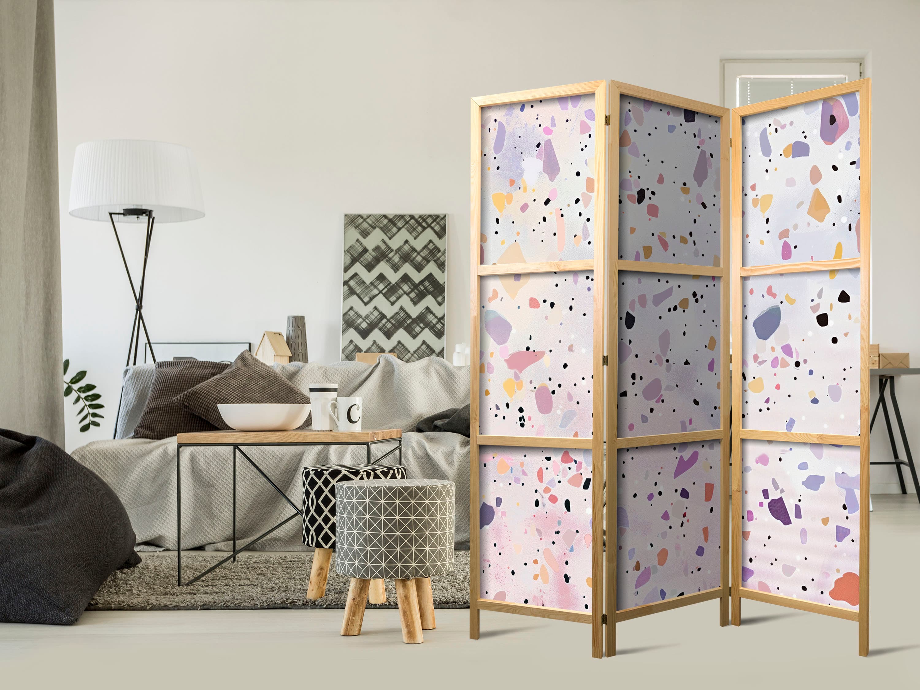 Japanischer Paravent Lastriko w stylu confetti - fioletowo-różowy - kolorowy wzór 135×172 cm, japanisch