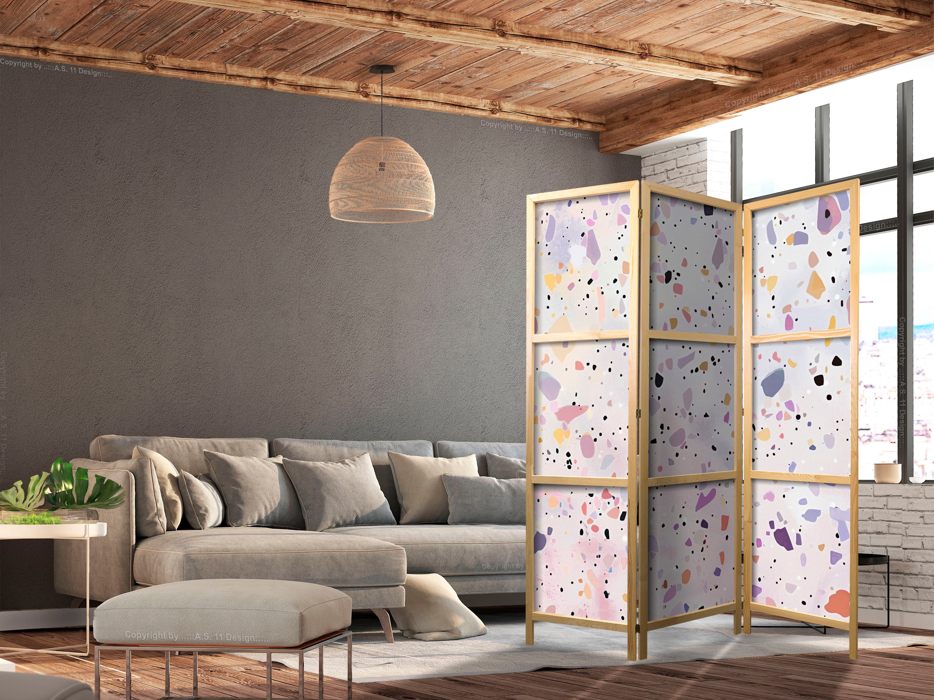Japanischer Paravent Lastriko w stylu confetti - fioletowo-różowy - kolorowy wzór 135×172 cm, japanisch