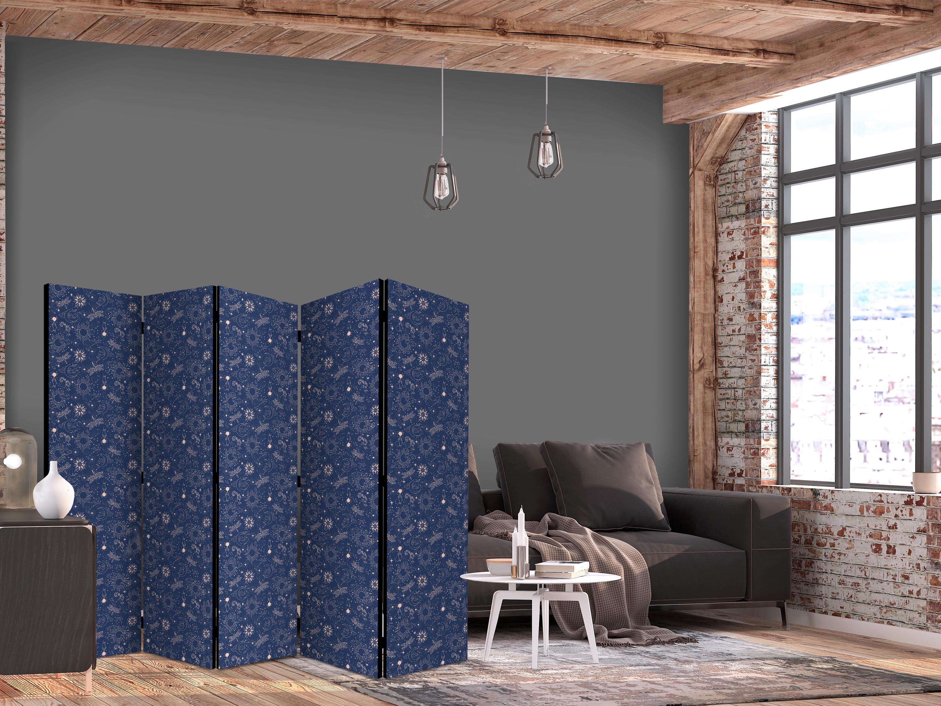 Parawan Kosmiczna Fantazja - wzór z słońcami księżycami i ważkami na ciemnym tle 225×172 cm, jednostronny