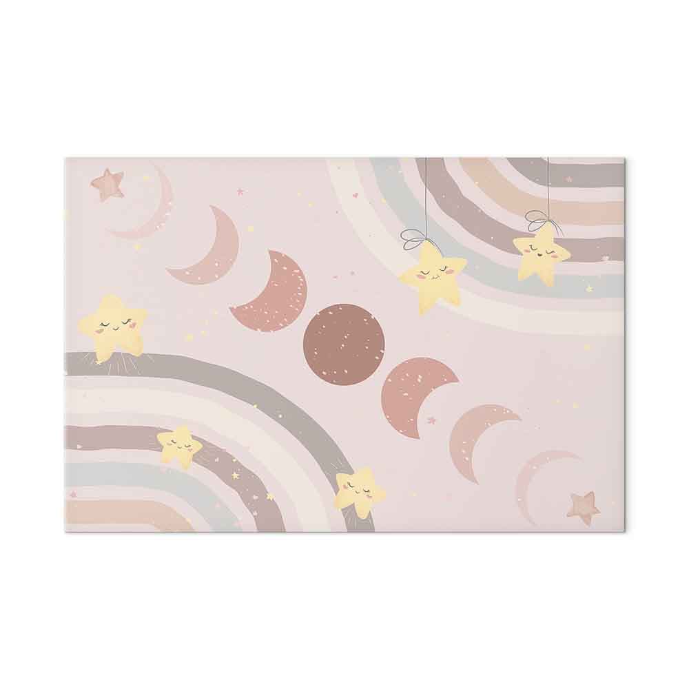 Canvas print Radosne niebo - Żółte wesołe gwiazdki z tęczą na tle faz księżyca na niebie w kolorystyce jasnego beżu 30×20 cm, Italian canvas