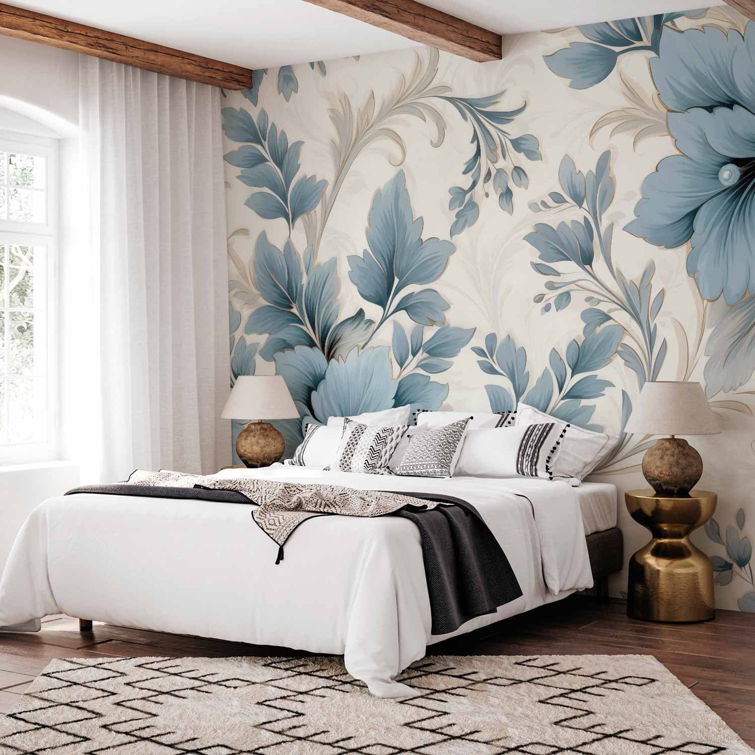 Fototapeta Turkusowe kwiaty w retro klimacie - florystyczne ornamenty 400×280 cm, flizelina standard
