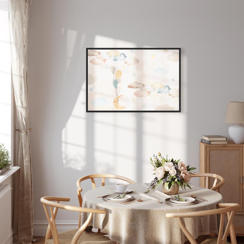 Obraz na płótnie Księżyc niczym z bajki - Pastelowy księżyc z balonikami wśród kolorowych chmur i gwiazdek w stonowanych kolorach na jasnym tle 60×40 cm, płótno standard