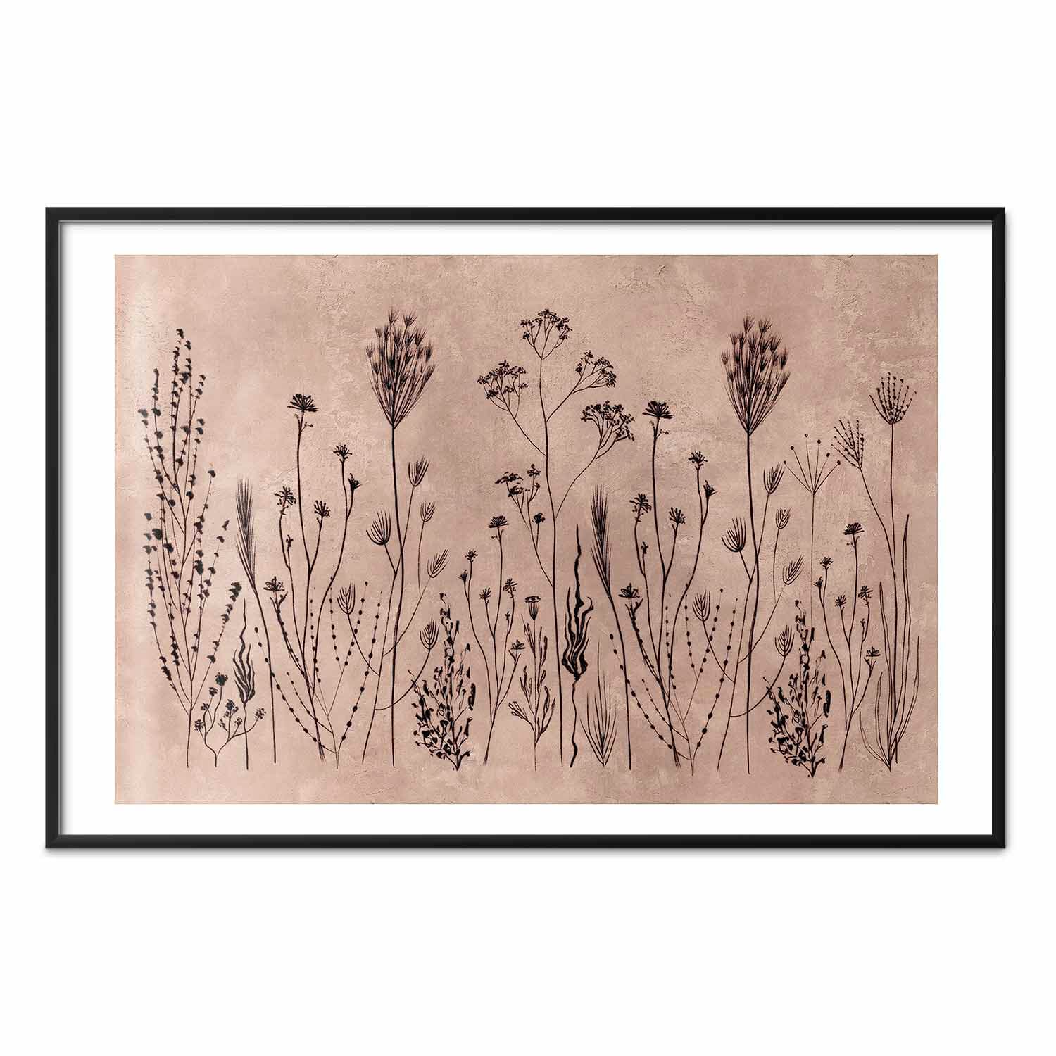 Plakat Polne kwiaty - czarne rośliny na tle w technice lime wash 90×60 cm