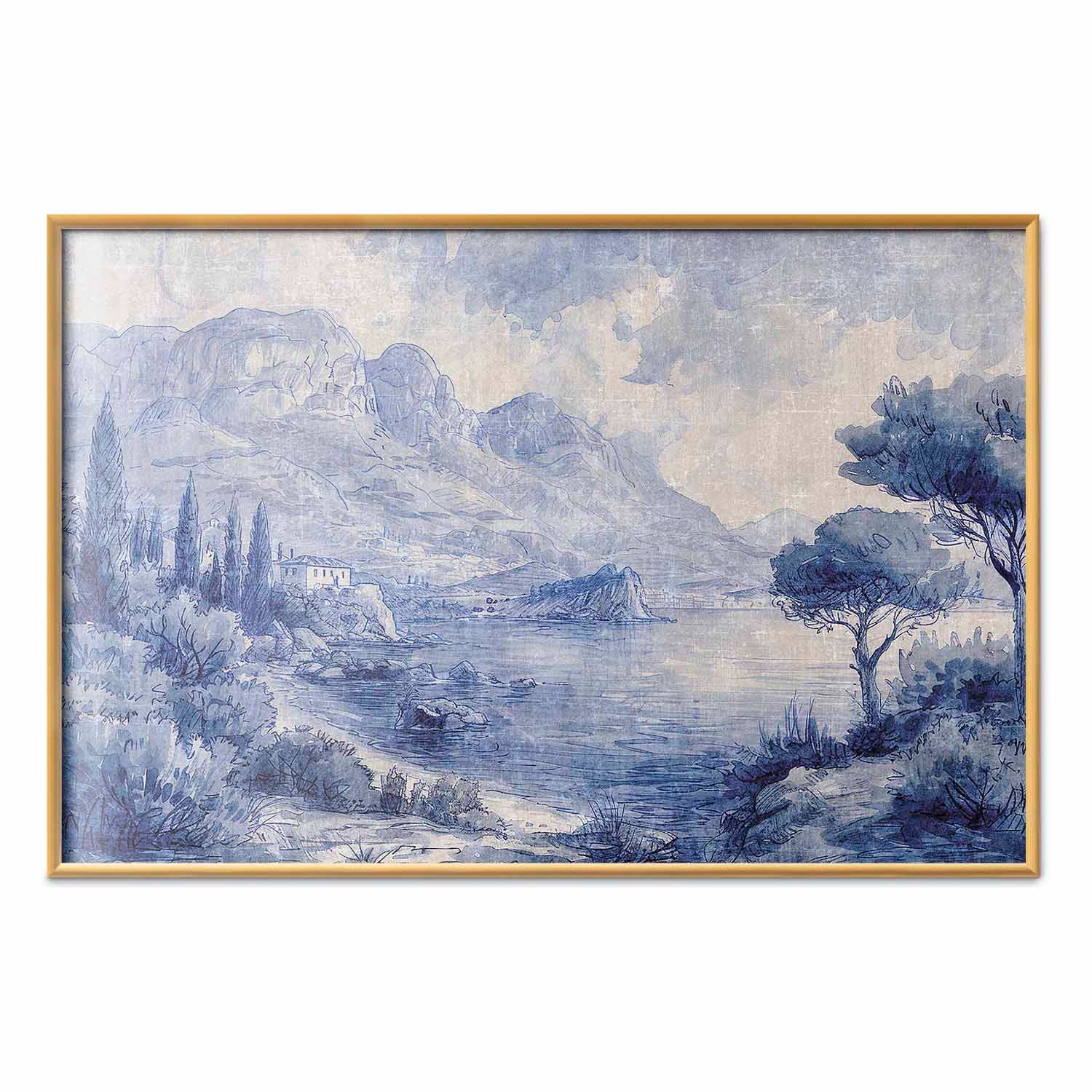 Poster Niebieska zatoka - włoski krajobraz jeziora Como malowany niebieskim tuszem 30×21 cm