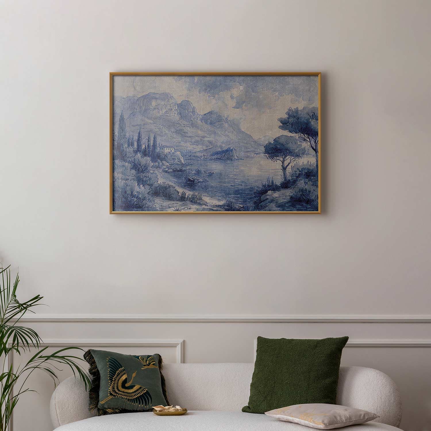 Poster Niebieska zatoka - włoski krajobraz jeziora Como malowany niebieskim tuszem 30×21 cm