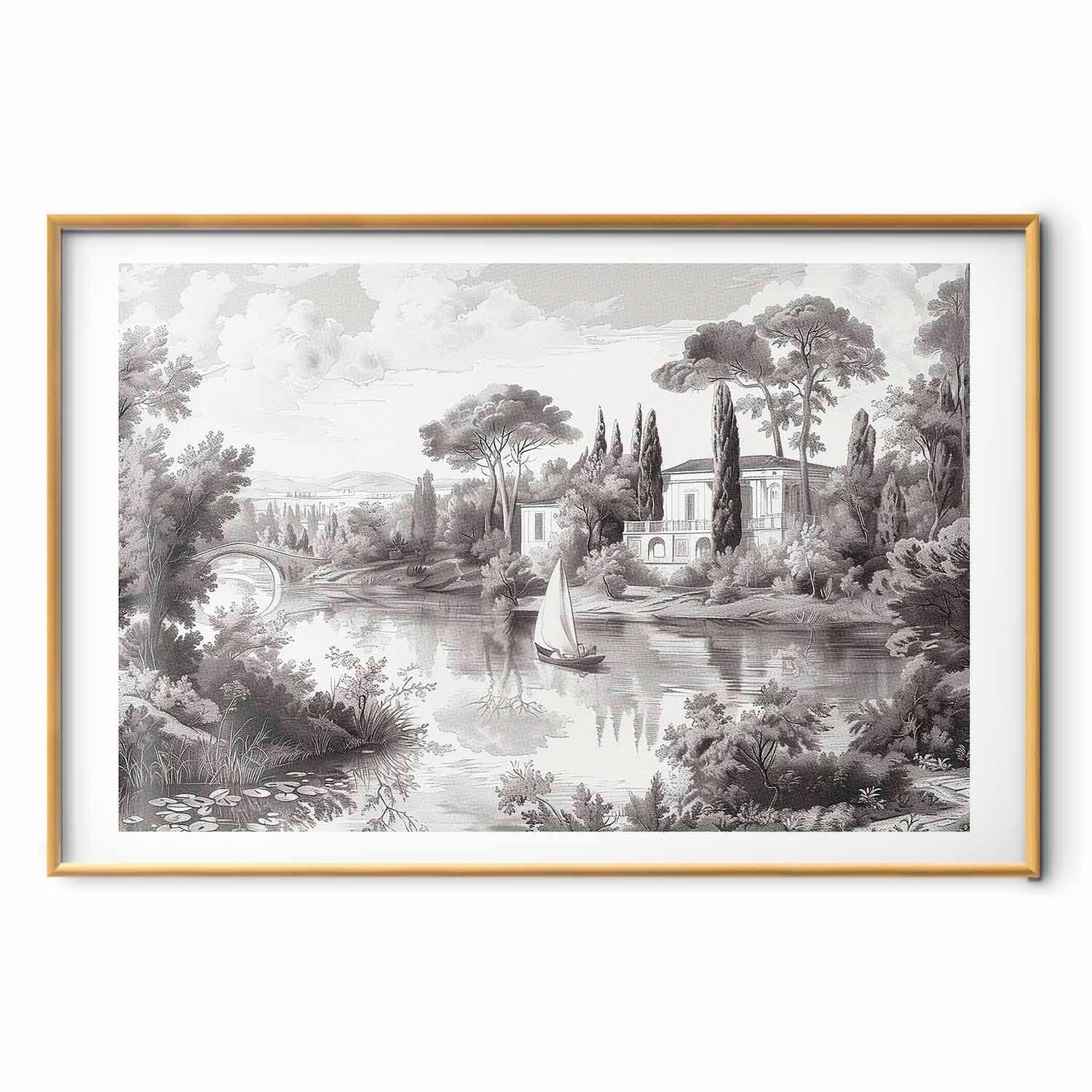 Plakat Czarno-biały pejzaż vintage ze stawem 60×40 cm