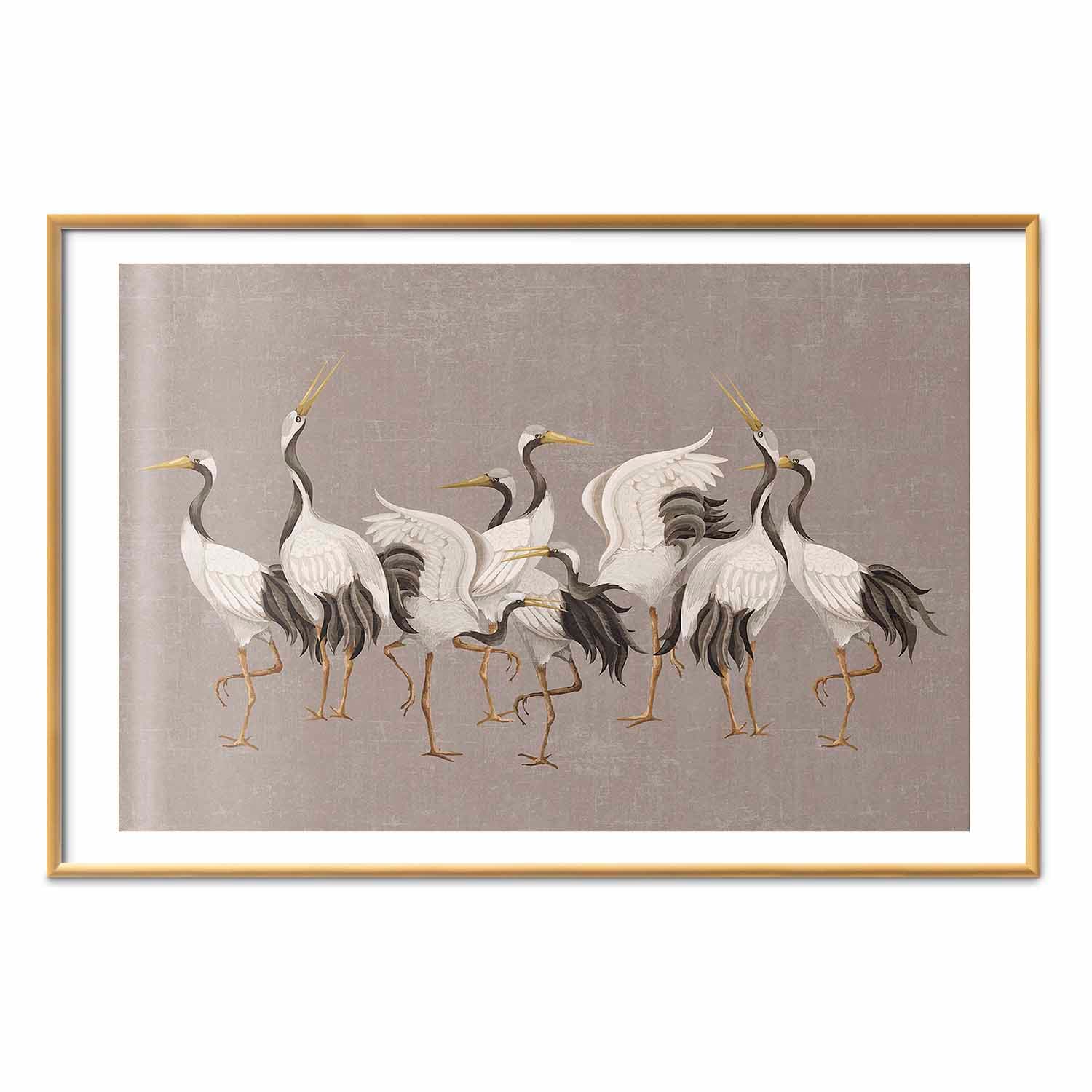 Plakat Taniec żurawi - jasne sylwetki ptaków na ciepło-szarym tle z fakturą 60×40 cm