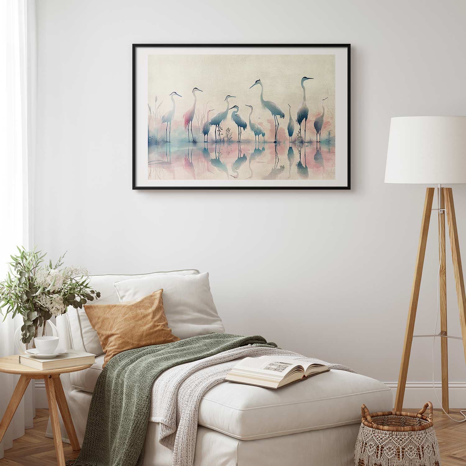 Plakat Ptaki nad jeziorem - czaple malowane akwarelą w delikatnej; szaro-różowej kolorystyce 30×21 cm