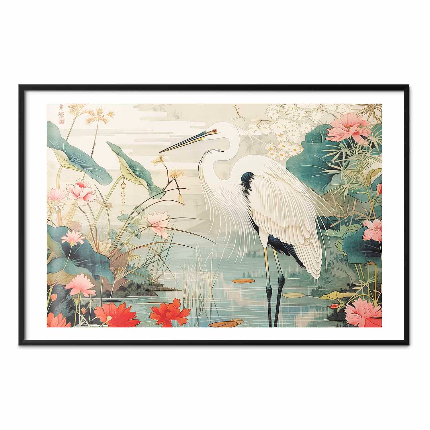 Plakat Nad azjatyckim stawem - ilustracja w stylu japońskiej ryciny; przedstawiająca czaplę 60×40 cm