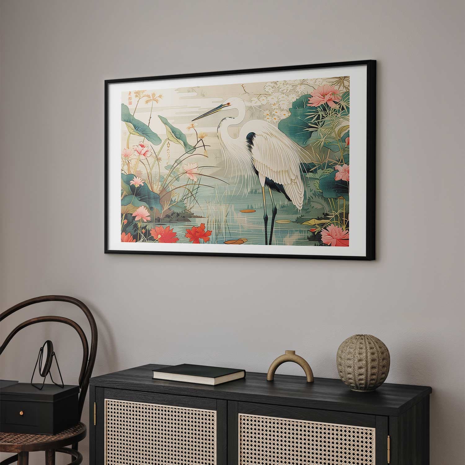 Plakat Nad azjatyckim stawem - ilustracja w stylu japońskiej ryciny; przedstawiająca czaplę 60×40 cm