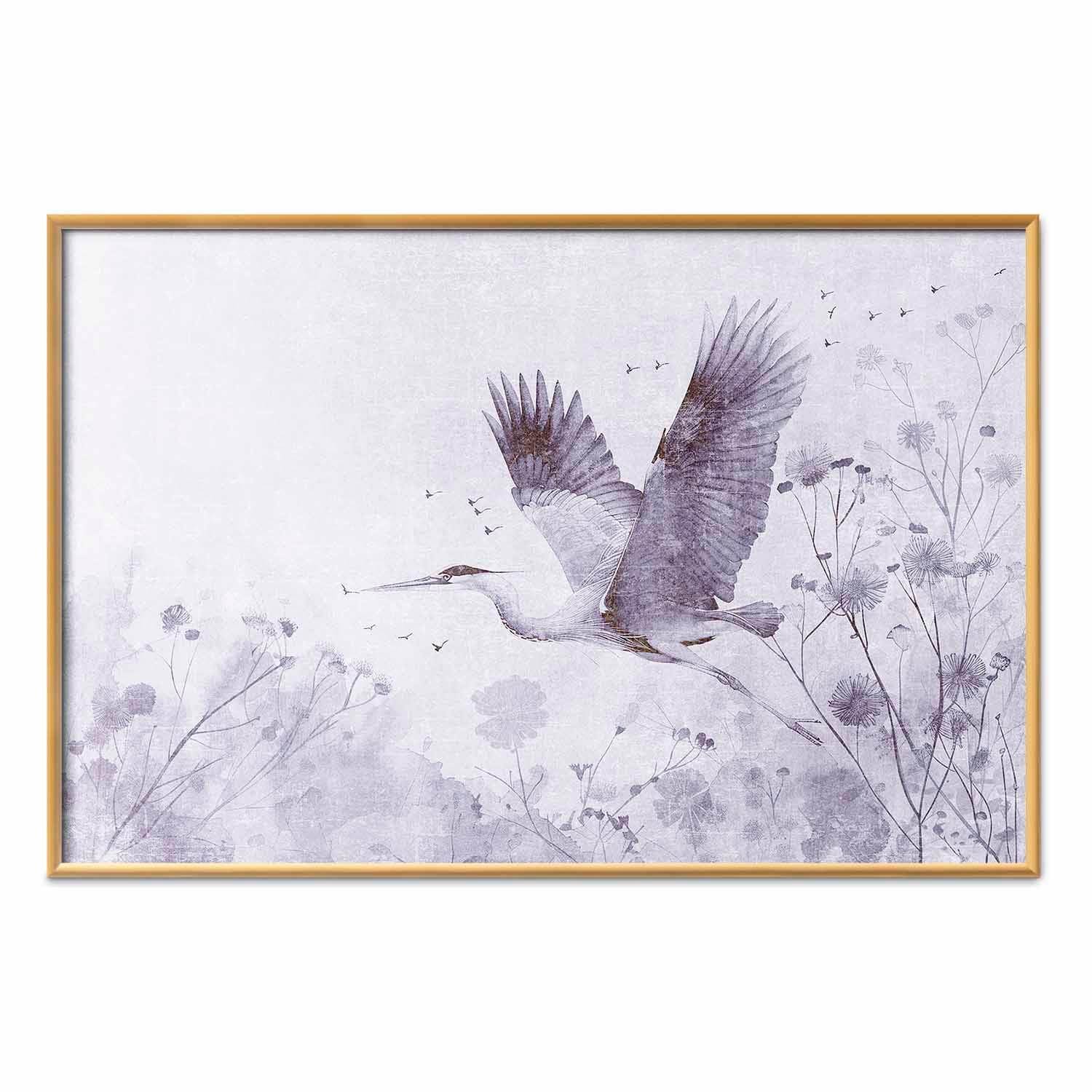 Poster Majestatyczny lot - żuraw w locie w monochromatycznej; chłodnej kolorystyce 30×21 cm