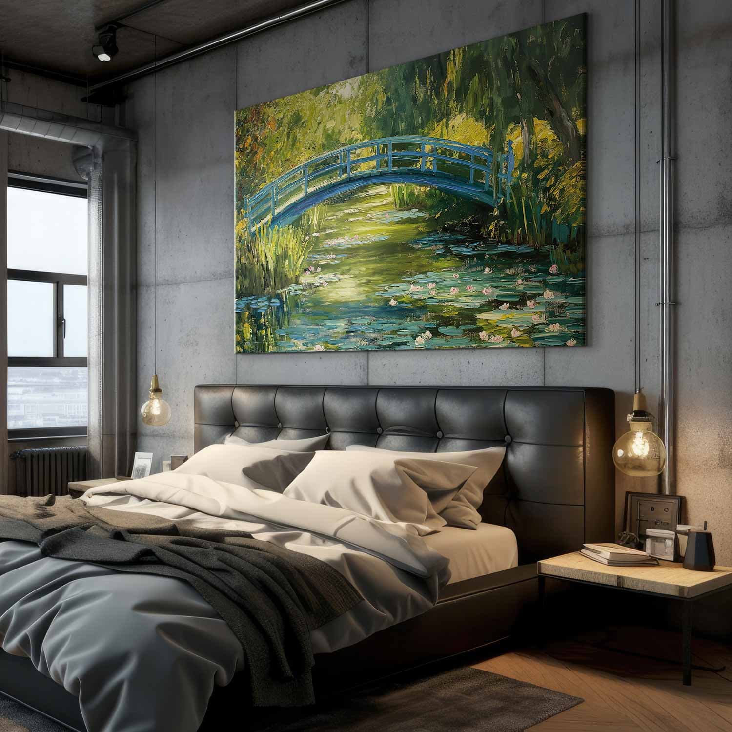 XXL-Leinwandbild Impresjonistyczny mostek - obraz mostu na malowniczym tle 130×87 cm