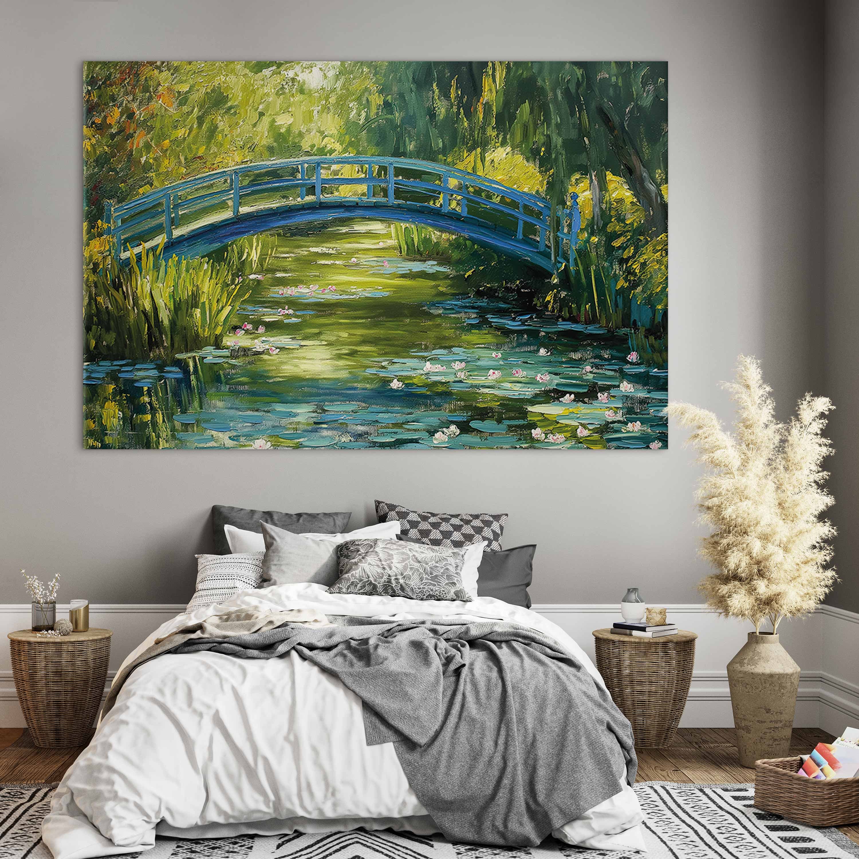 XXL-Leinwandbild Impresjonistyczny mostek - obraz mostu na malowniczym tle 130×87 cm