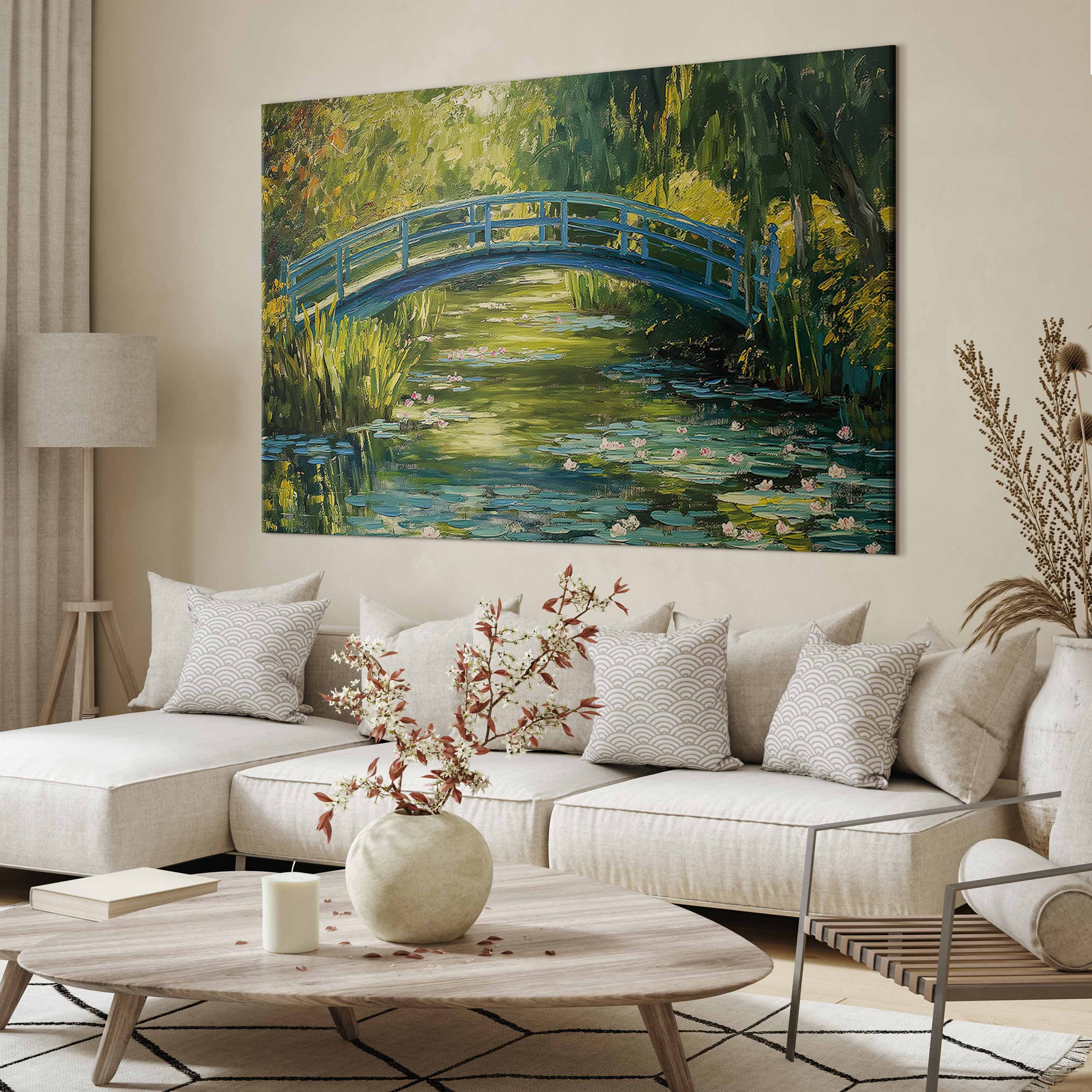 XXL-Leinwandbild Impresjonistyczny mostek - obraz mostu na malowniczym tle 130×87 cm