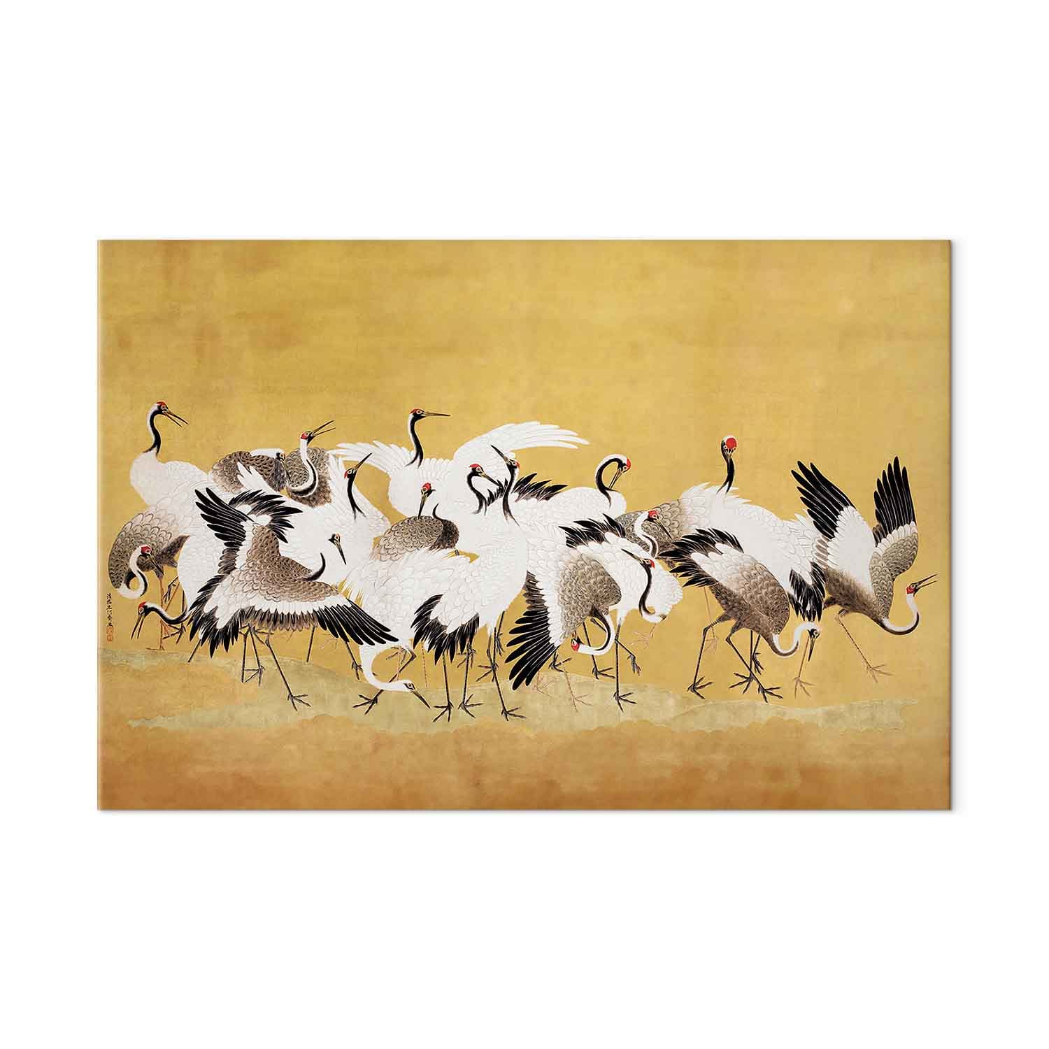 XXL-Leinwandbild Japońskie żurawie - stado ptaków na tle w odcieniu złota na podstawie obrazu Ishida Yūtei 130×87 cm