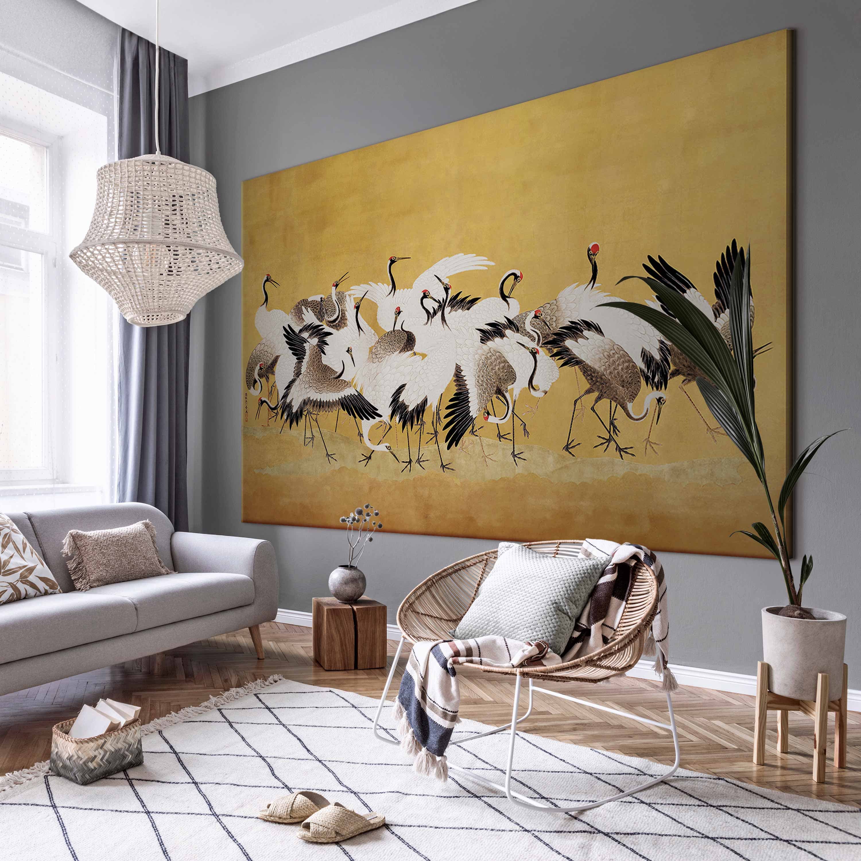 XXL-Leinwandbild Japońskie żurawie - stado ptaków na tle w odcieniu złota na podstawie obrazu Ishida Yūtei 130×87 cm