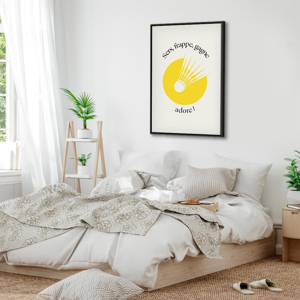Obraz na płótnie Lotka do badmintona na tle żółtego koła 40×60 cm, płótno standard