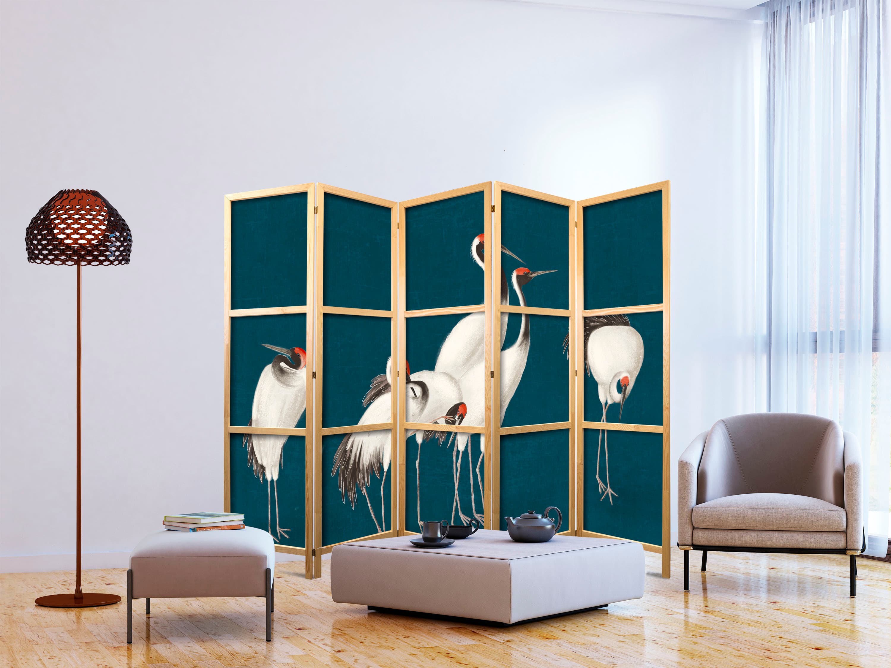 Japanischer Paravent Wieczór nad stawem - grupa żurawi narysowana suchą pastelą, na ciemno-turkusowym tle 225×172 cm, japanisch
