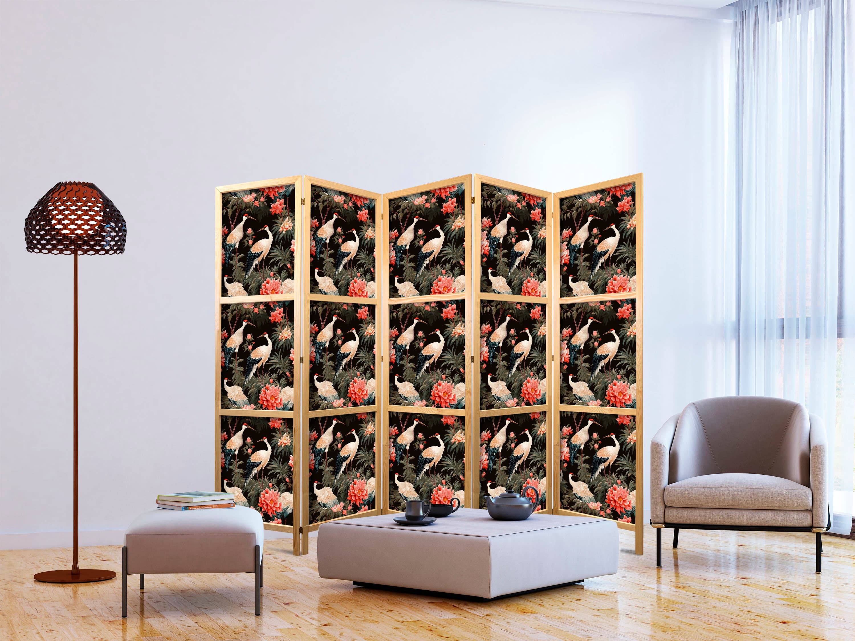 Japanischer Paravent Ornament z ptakami - sylwetki żurawi i kwiaty piwonii na ciemnym tle 225×172 cm, japanisch