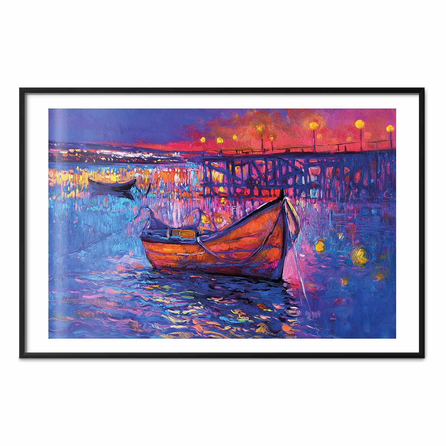 Poster Nowoczesny impresjonizm - nocny krajobraz jeziora z pływającą łódką 30×21 cm