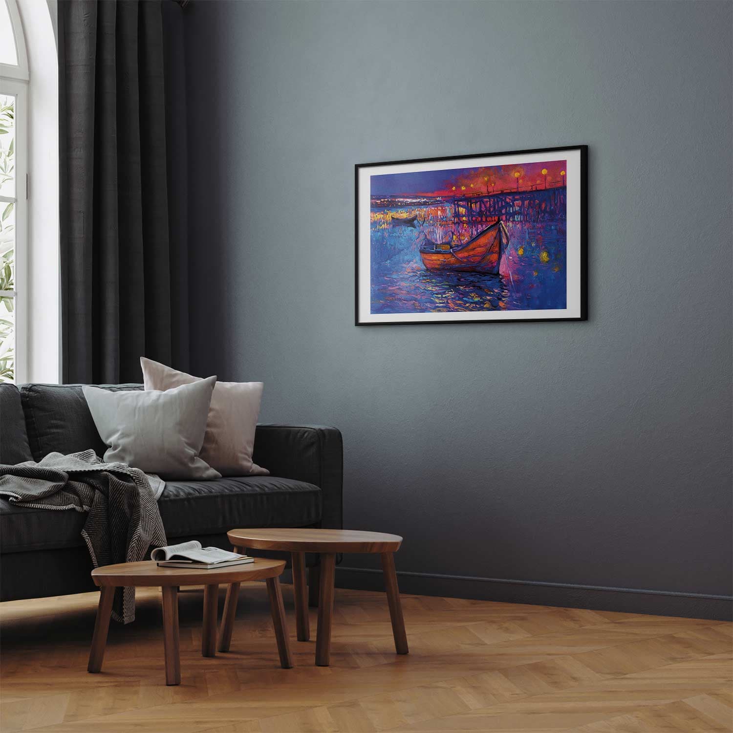 Poster Nowoczesny impresjonizm - nocny krajobraz jeziora z pływającą łódką 30×21 cm