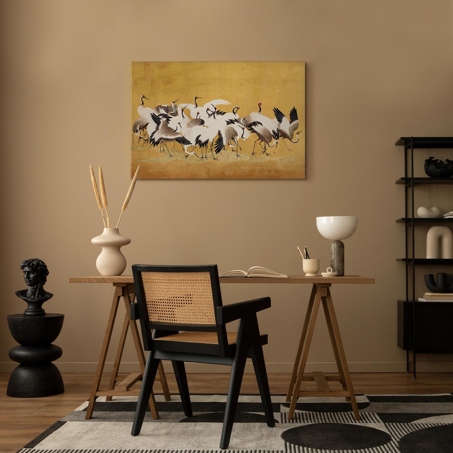 Obraz na płótnie Japońskie żurawie - stado ptaków na tle w odcieniu złota na podstawie obrazu Ishida Yūtei 30×20 cm, płótno włoskie
