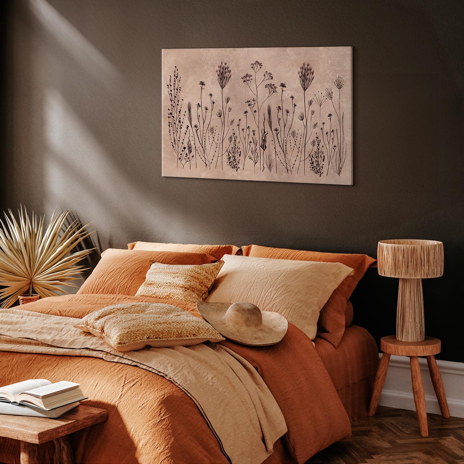 Obraz na płótnie Polne kwiaty - czarne rośliny na tle w technice lime wash 30×20 cm, płótno włoskie