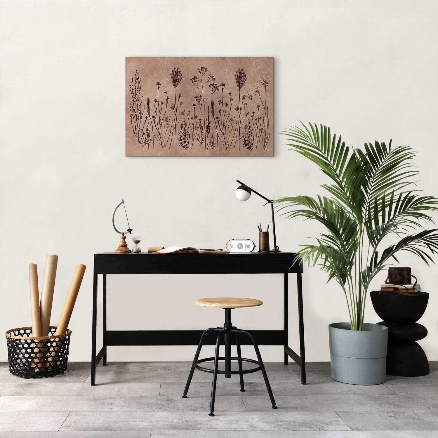 Obraz na płótnie Polne kwiaty - czarne rośliny na tle w technice lime wash 30×20 cm, płótno włoskie