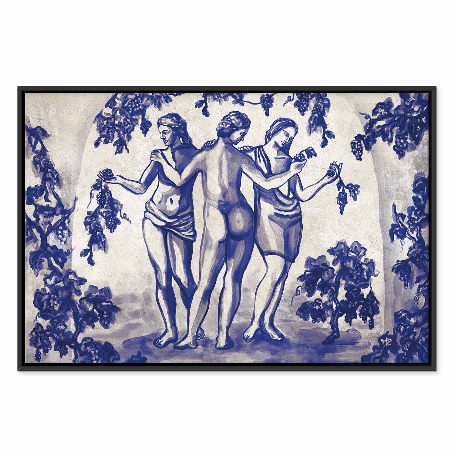 Obraz na płótnie Antyczna winnica - trzy kobiety w portalu malowane niebieskim tuszem 60×40 cm, płótno standard