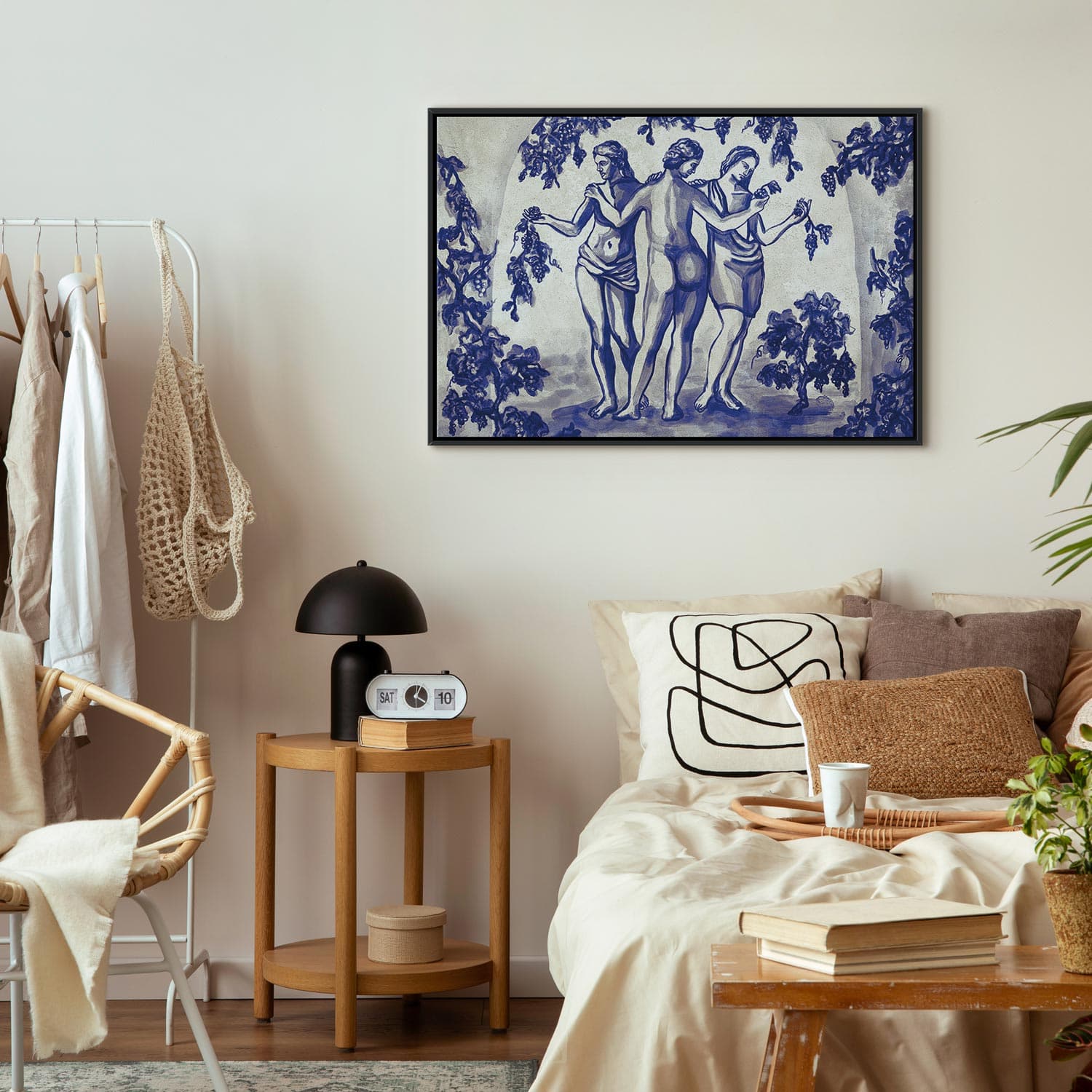Obraz na płótnie Antyczna winnica - trzy kobiety w portalu malowane niebieskim tuszem 60×40 cm, płótno standard
