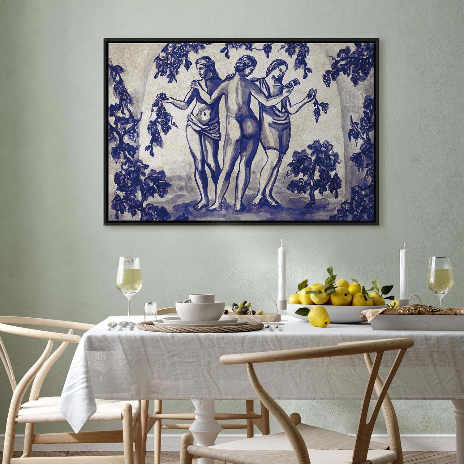 Obraz na płótnie Antyczna winnica - trzy kobiety w portalu malowane niebieskim tuszem 60×40 cm, płótno standard