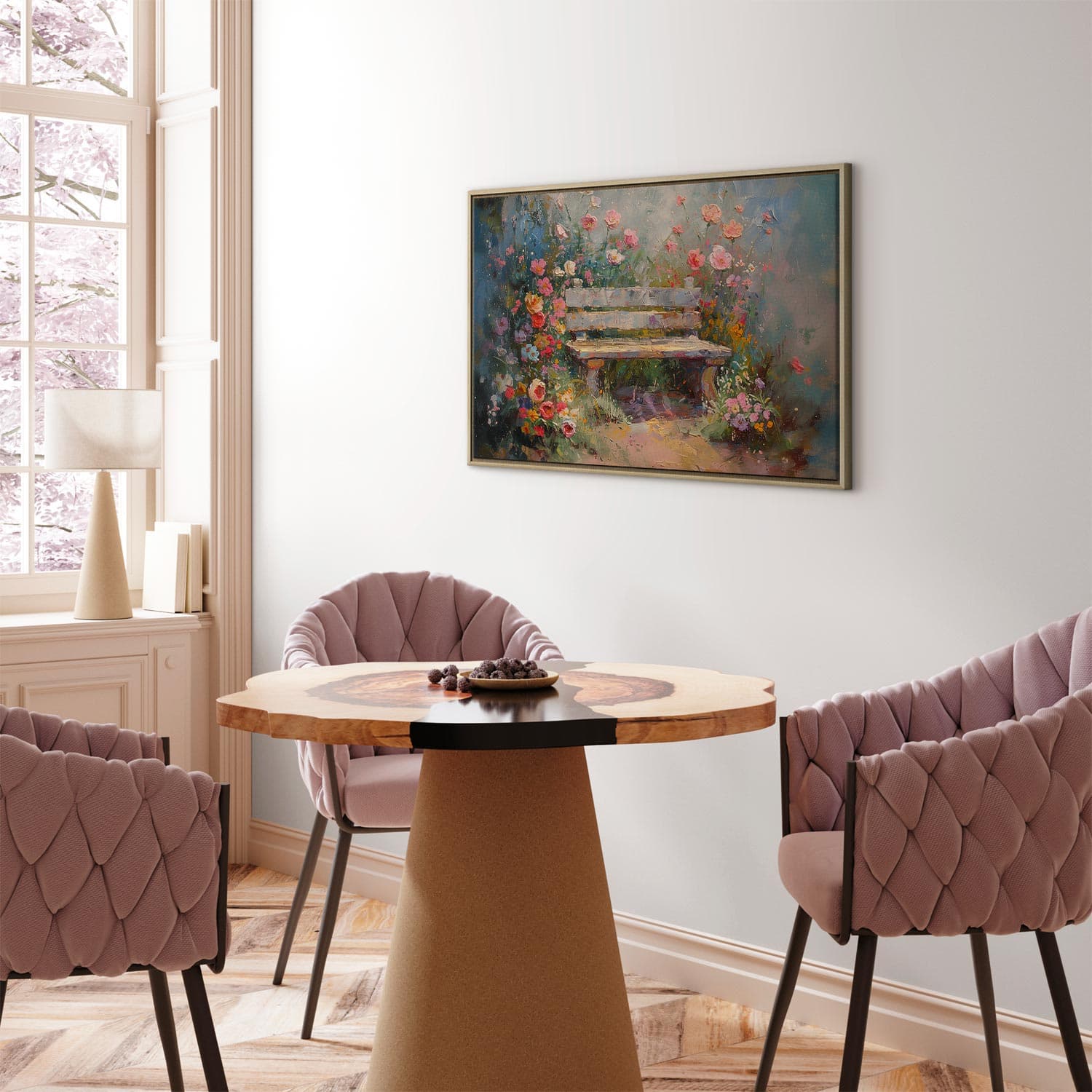 Leinwandbild Kwiecista ławeczka - obraz w stylu impresjonistycznym pełen kwiatów 120×80 cm, Standardleinwand