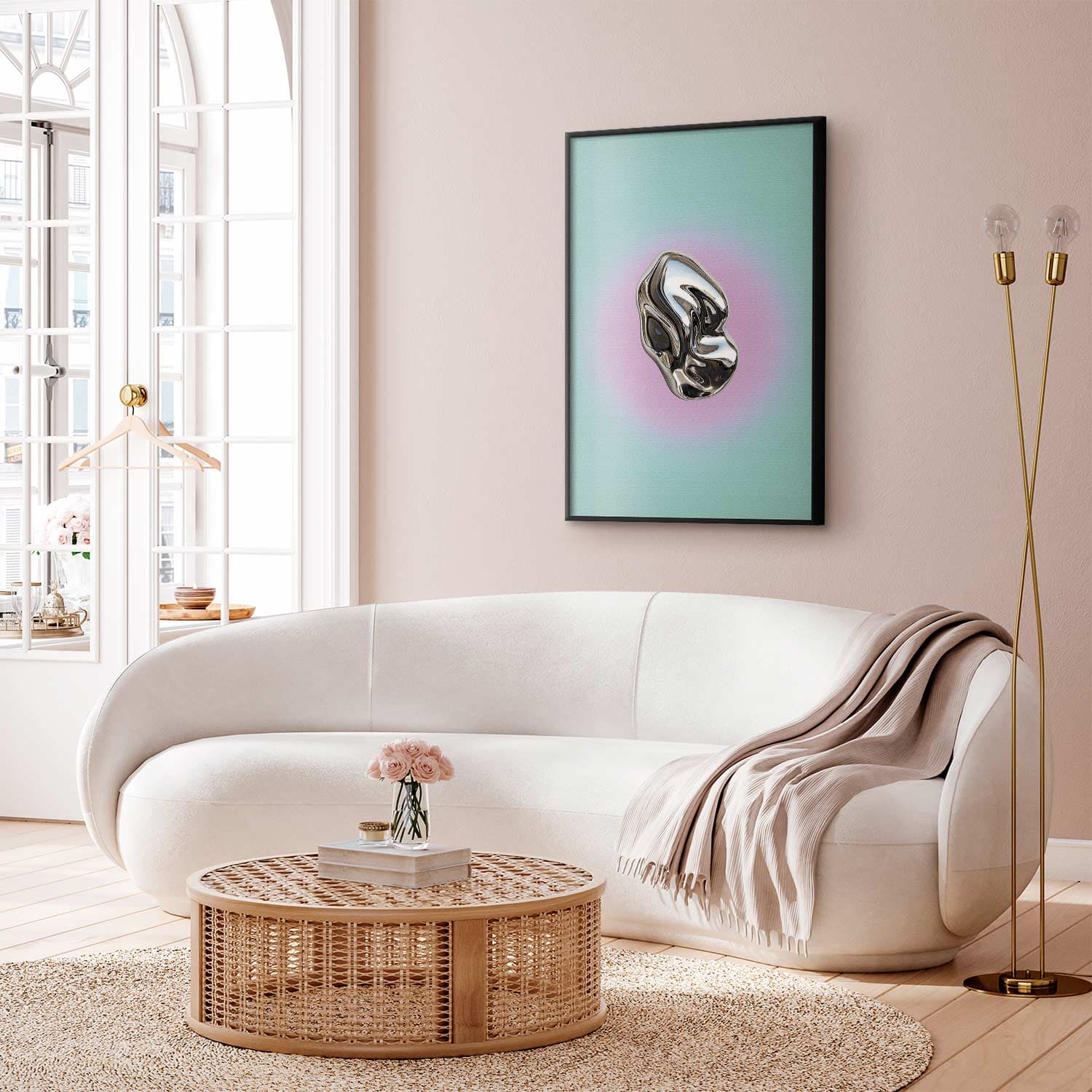 Poster Metaliczna Forma - abstrakcyjna rzeźba na miętowym tle z fioletowym halo 21×30 cm