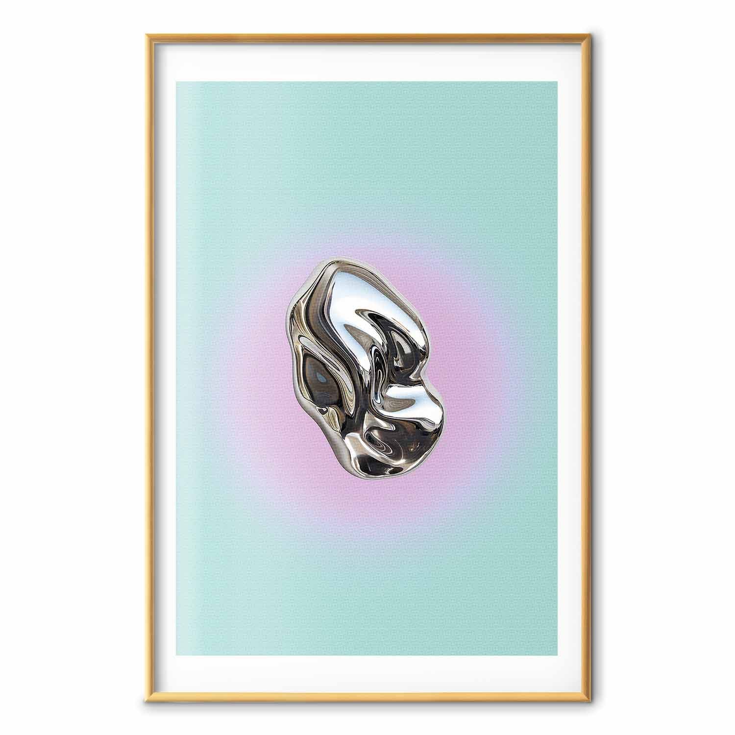 Poster Metaliczna Forma - abstrakcyjna rzeźba na miętowym tle z fioletowym halo 30×42 cm