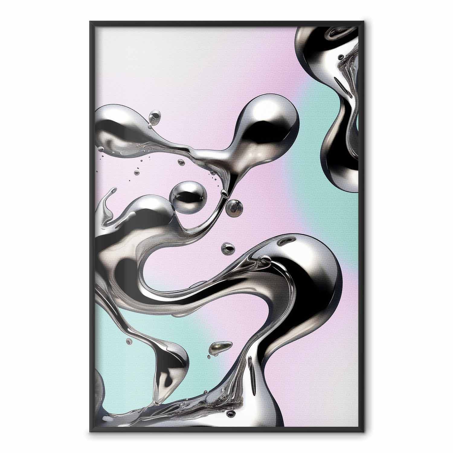 Poster Metaliczne Płynności - abstrakcyjne srebrne formy na miętowo-fioletowym tle 21×30 cm
