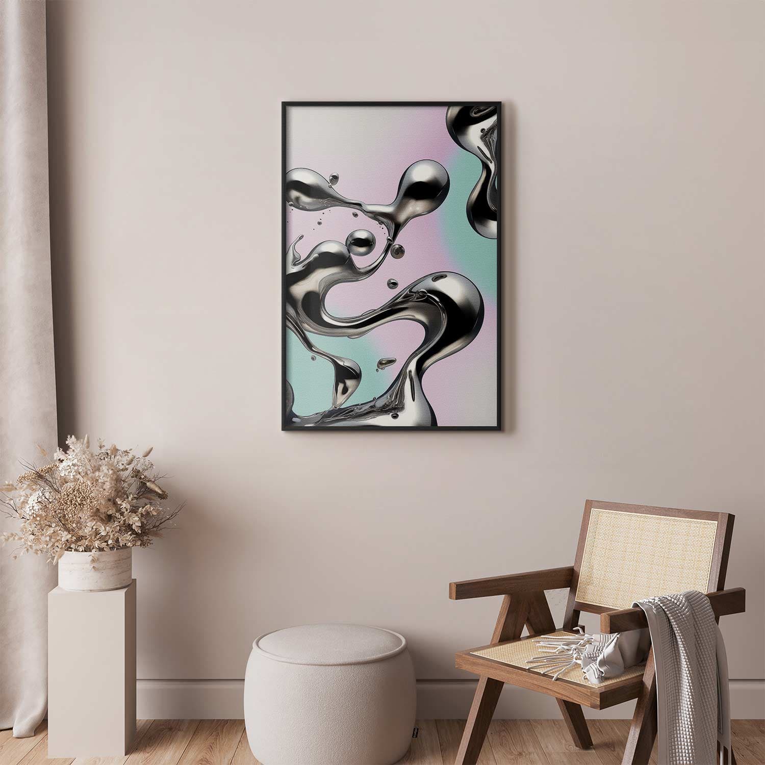 Poster Metaliczne Płynności - abstrakcyjne srebrne formy na miętowo-fioletowym tle 21×30 cm
