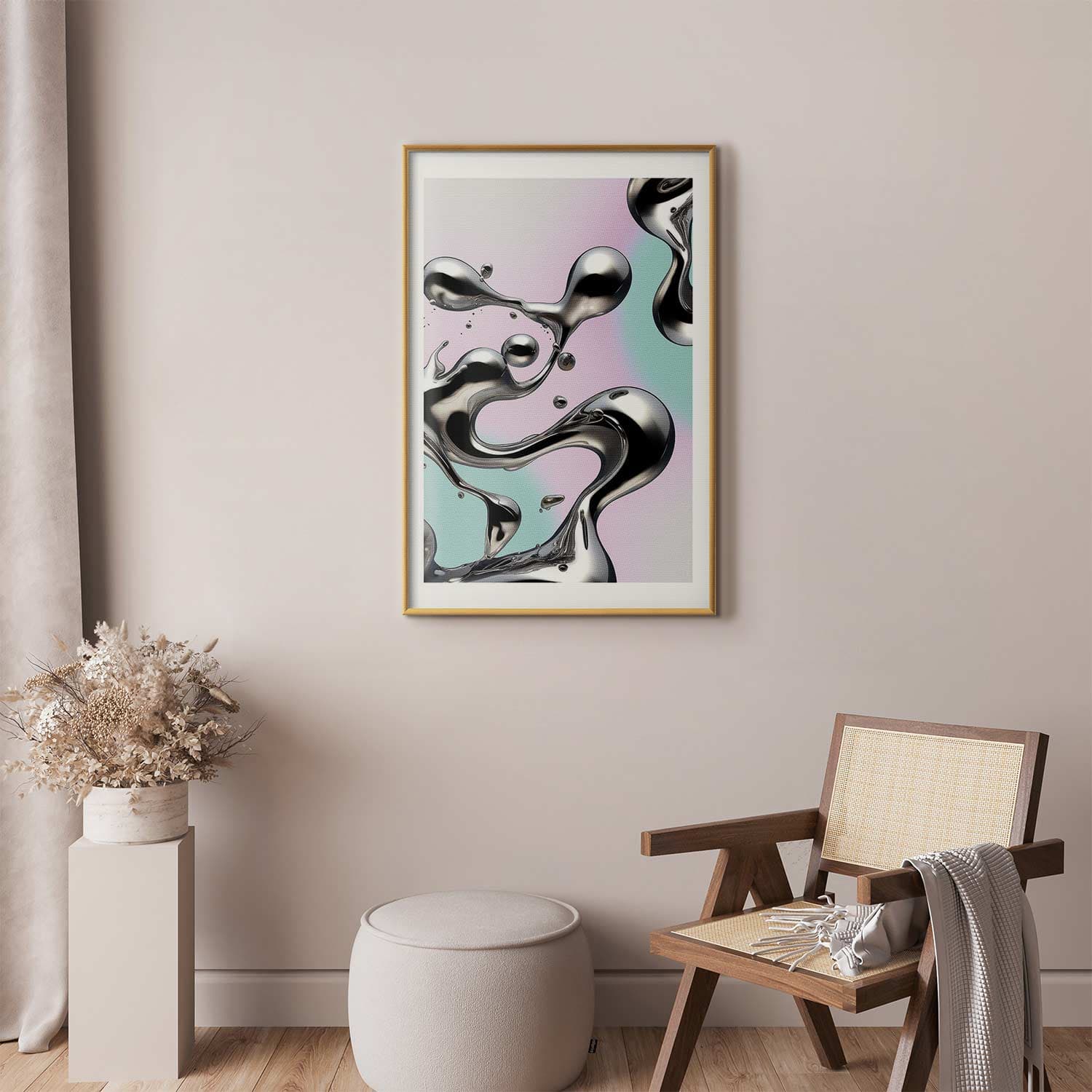 Poster Metaliczne Płynności - abstrakcyjne srebrne formy na miętowo-fioletowym tle 40×60 cm