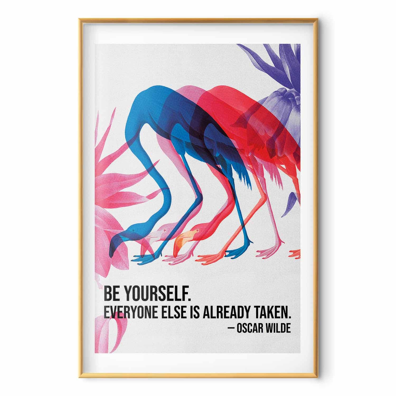 Plakat Kolorowa repetycja - trzy sylwetki flamingów i inspirującym cytatem 60×90 cm