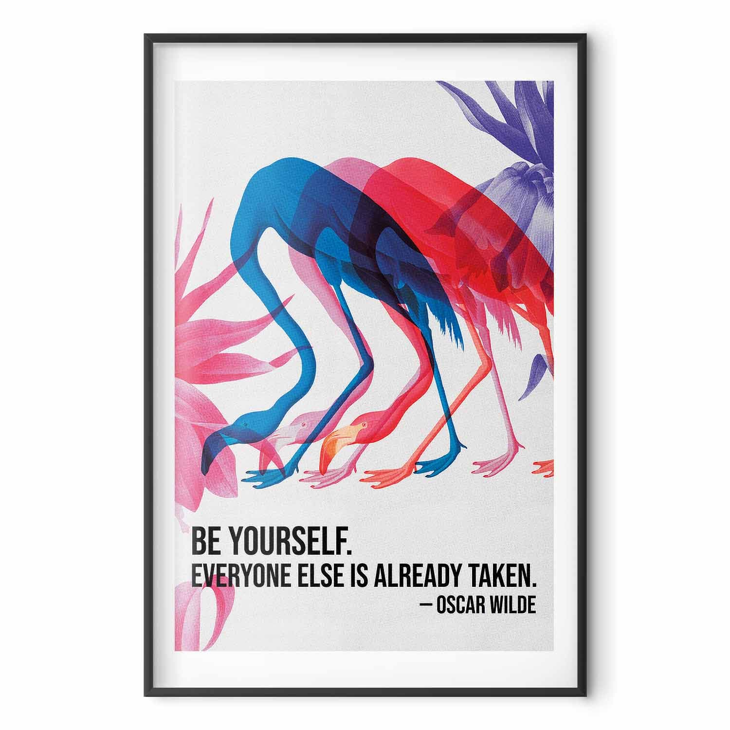Plakat Kolorowa repetycja - trzy sylwetki flamingów i inspirującym cytatem 40×60 cm