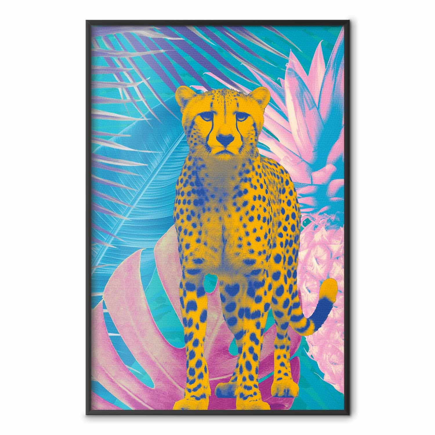 Poster Egzotyczny Lampart - Kolorowy Portret Geparda na Tle Tropikalnych Liści 21×30 cm