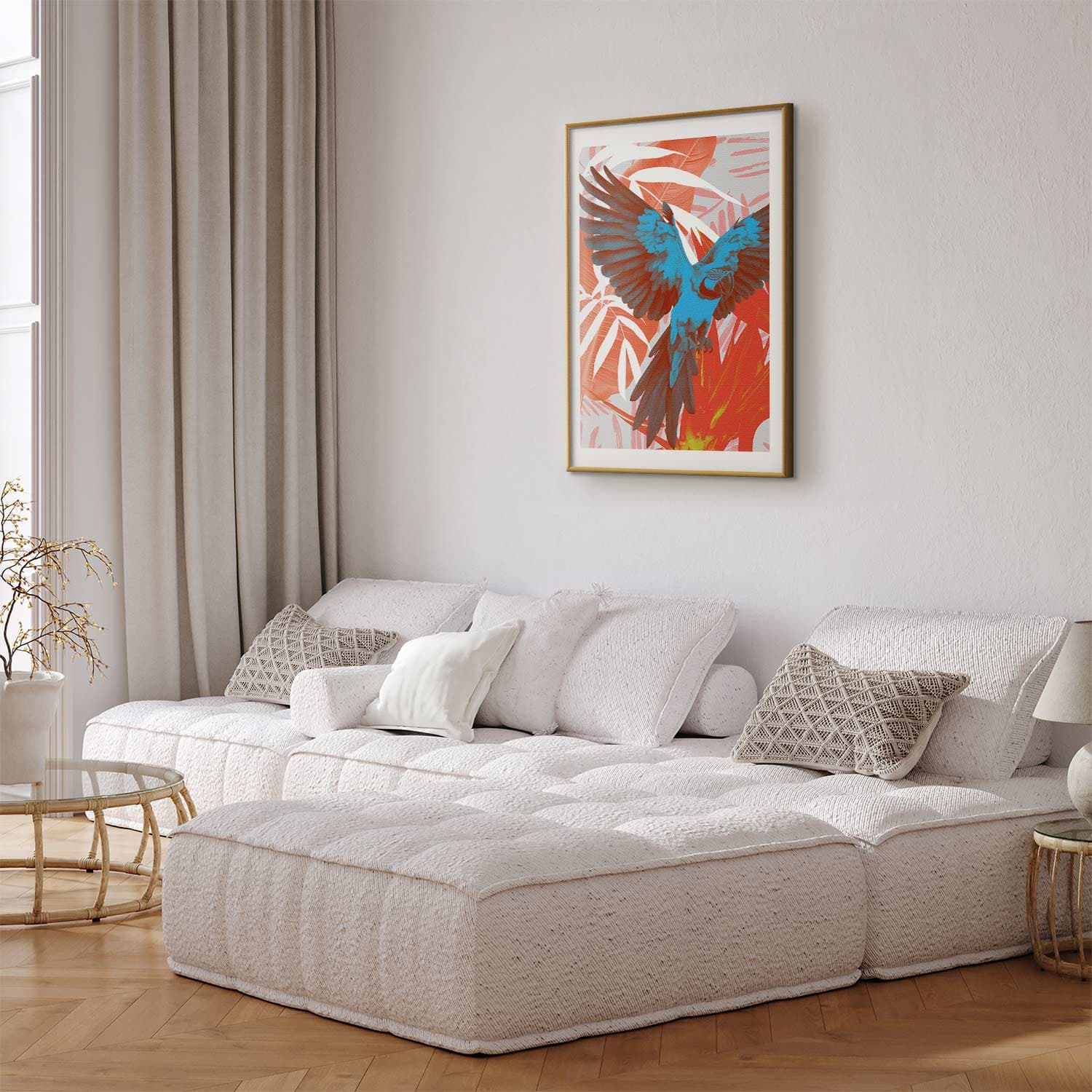 Plakat Egzotyczne skrzydła - Papuga wśród abstrakcyjnych wzorów liści 30×42 cm