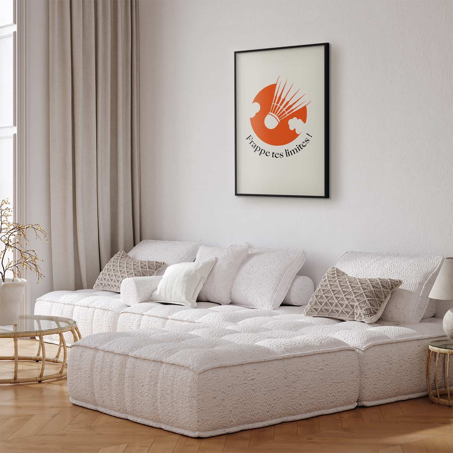 Poster Lotka do badmintona na tle pomarańczowego słońca 21×30 cm