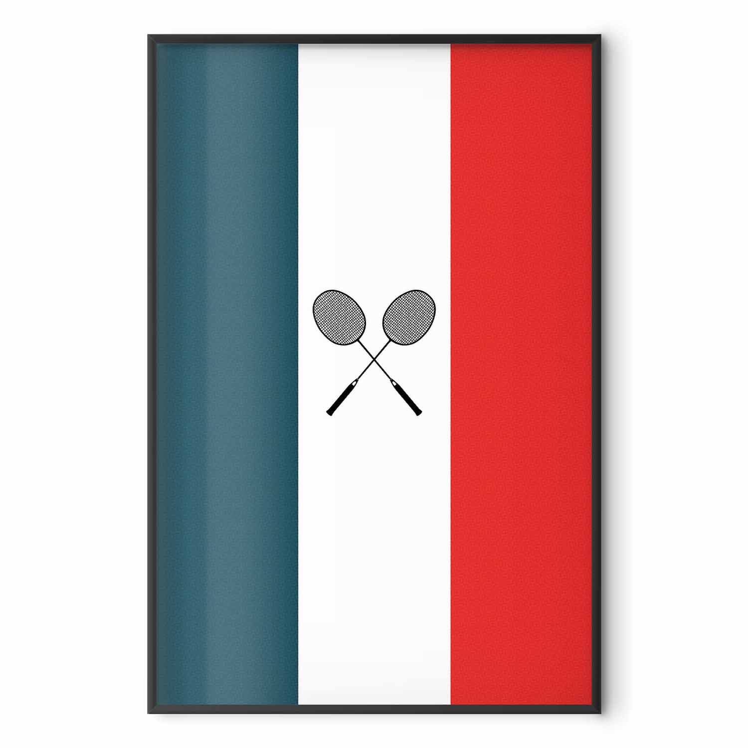 Plakat Flagi Francji i czarne paletki do badmintona 21×30 cm