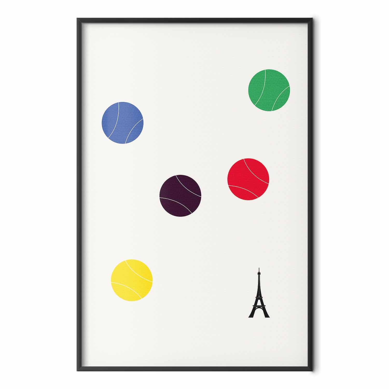 Plakat Wieża Eiffla i kolorowe piłki do tenisa 21×30 cm